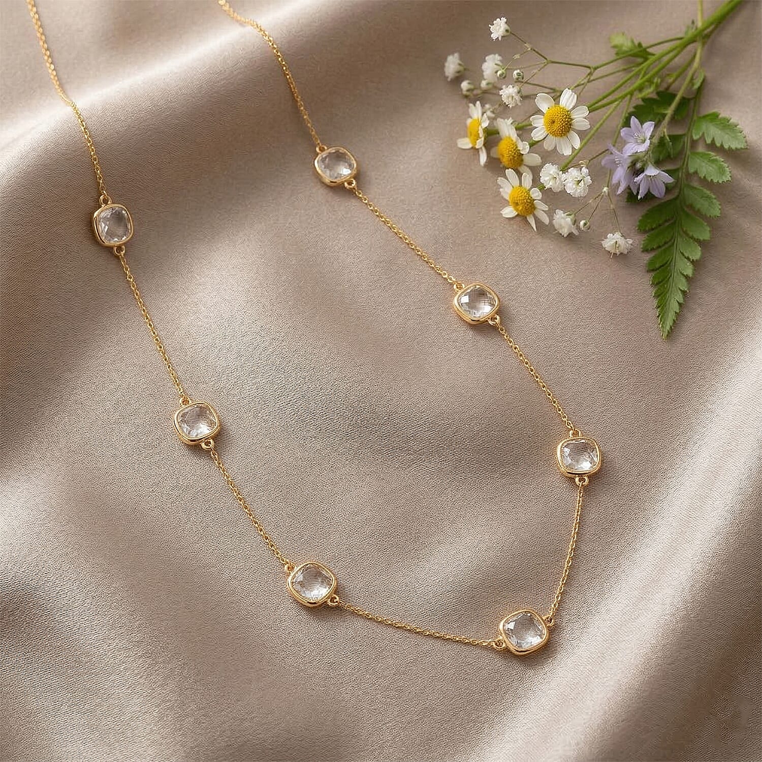 Austrian White Crystal Necklace (Szie - 30-2 EXT) in Yellow Gold Tone
