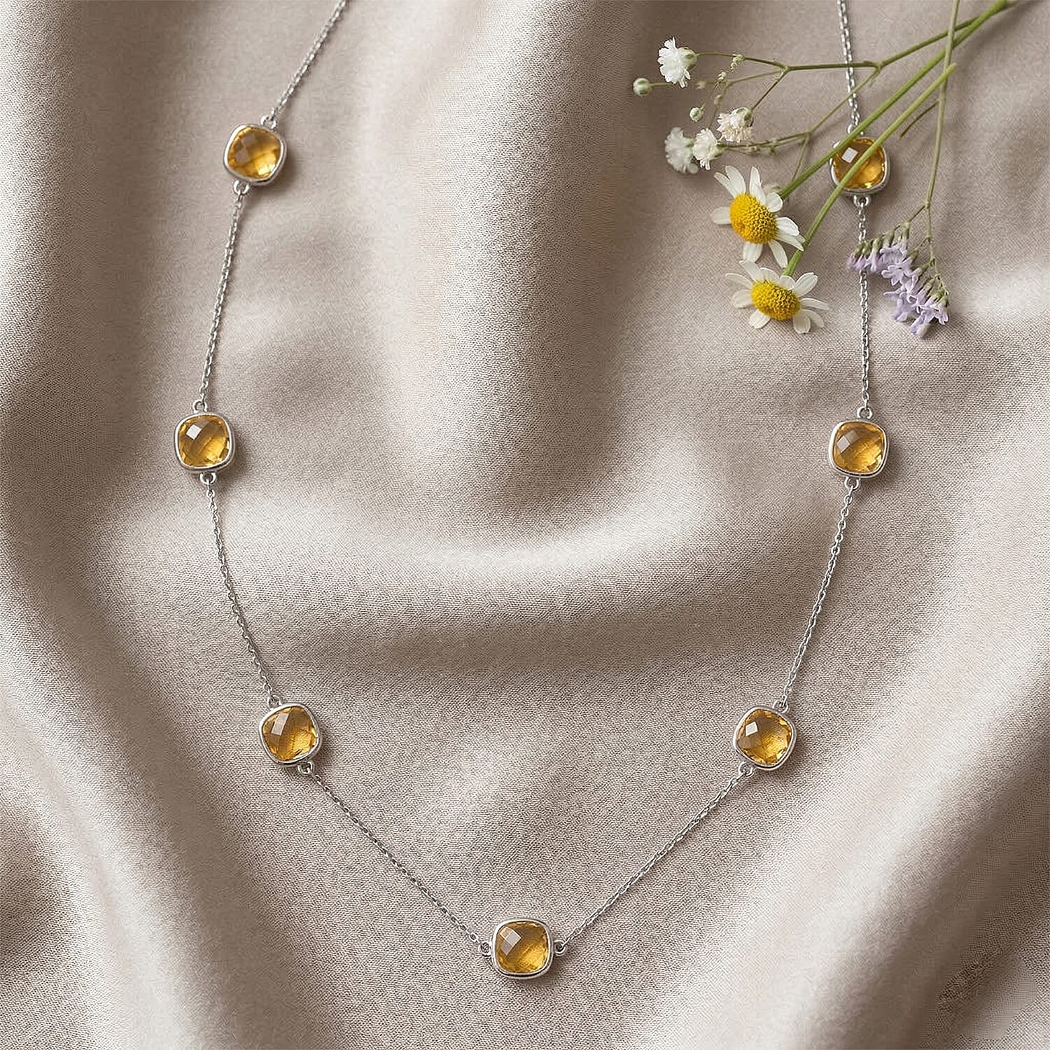 Austrian Yellow Crystal Necklace (Size - 30-2 EXT) in White Tone