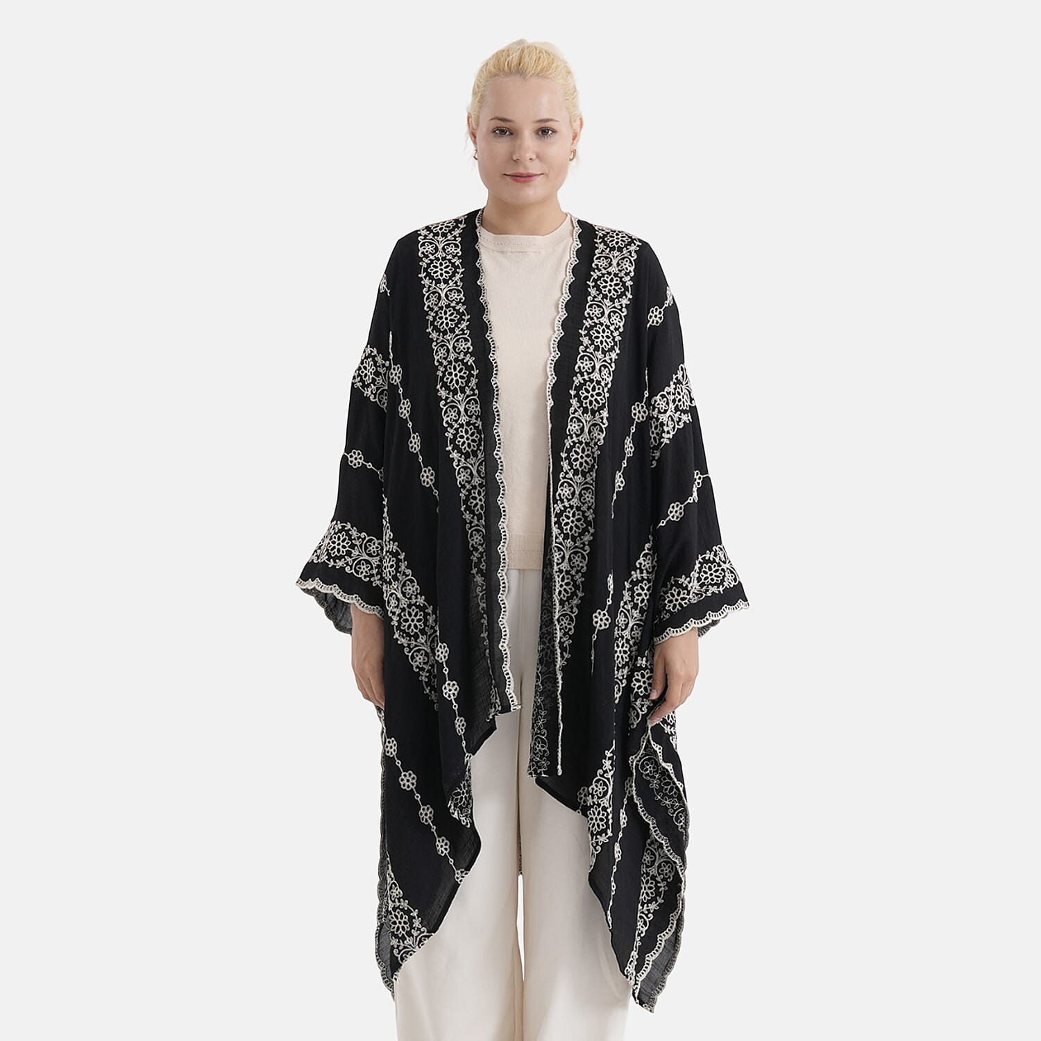 La Marey Cotton Embroidery Midi Kimono (One Size) - Black