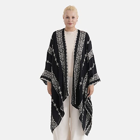 La Marey Cotton Embroidery Midi Kimono (One Size) - Black
