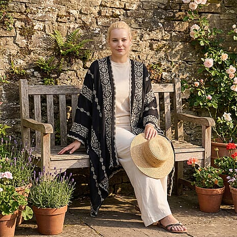 La Marey Cotton Embroidery Midi Kimono (One Size) - Black