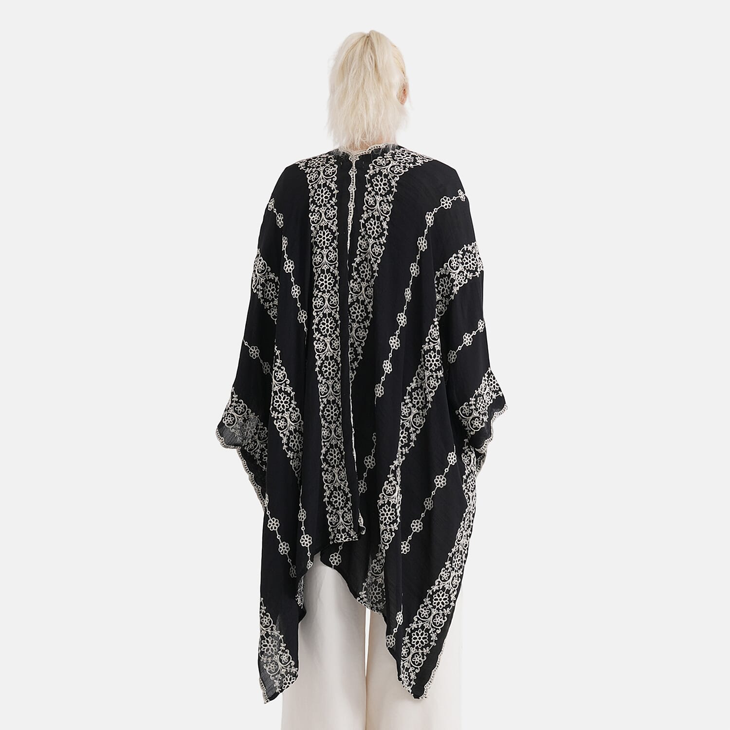 La Marey Cotton Embroidery Midi Kimono (One Size) - Black