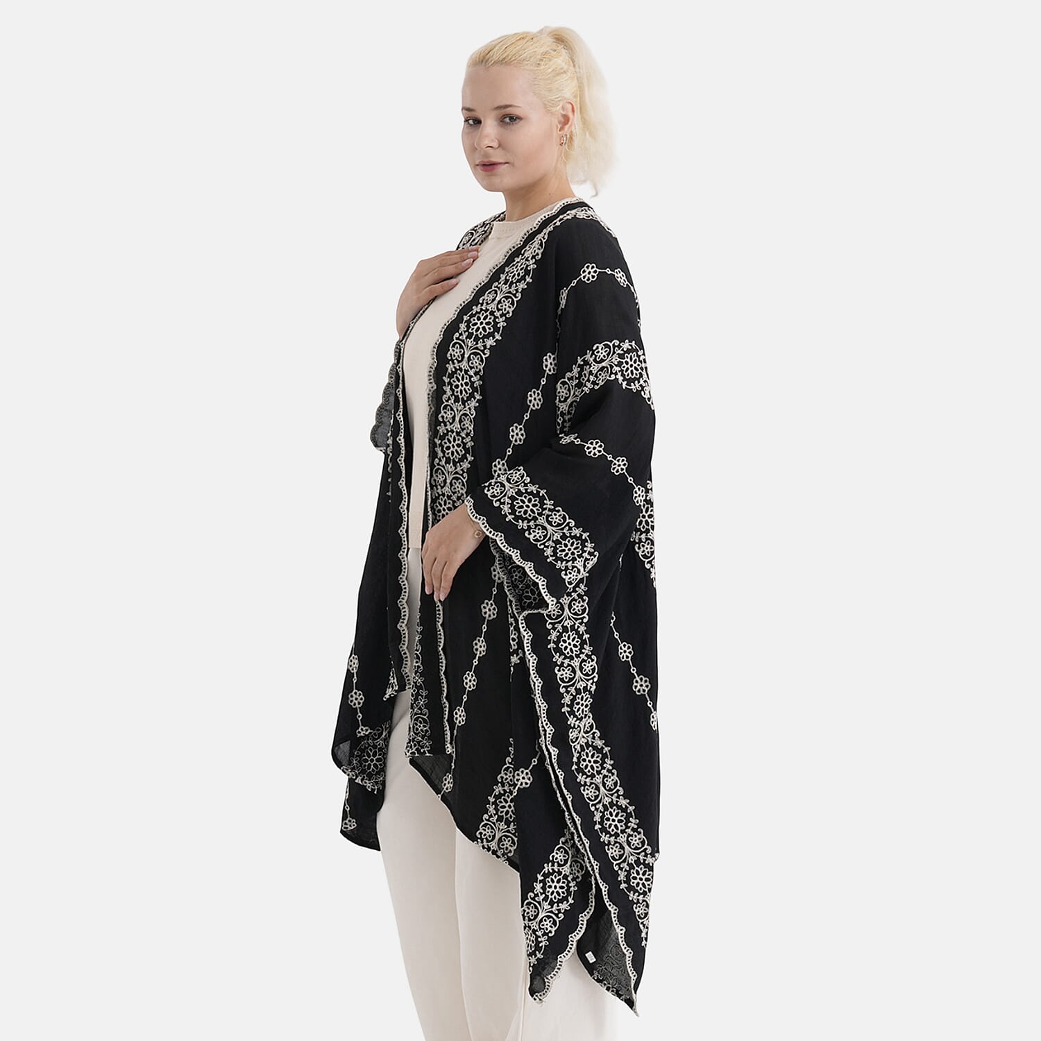 La Marey Cotton Embroidery Midi Kimono (One Size) - Black