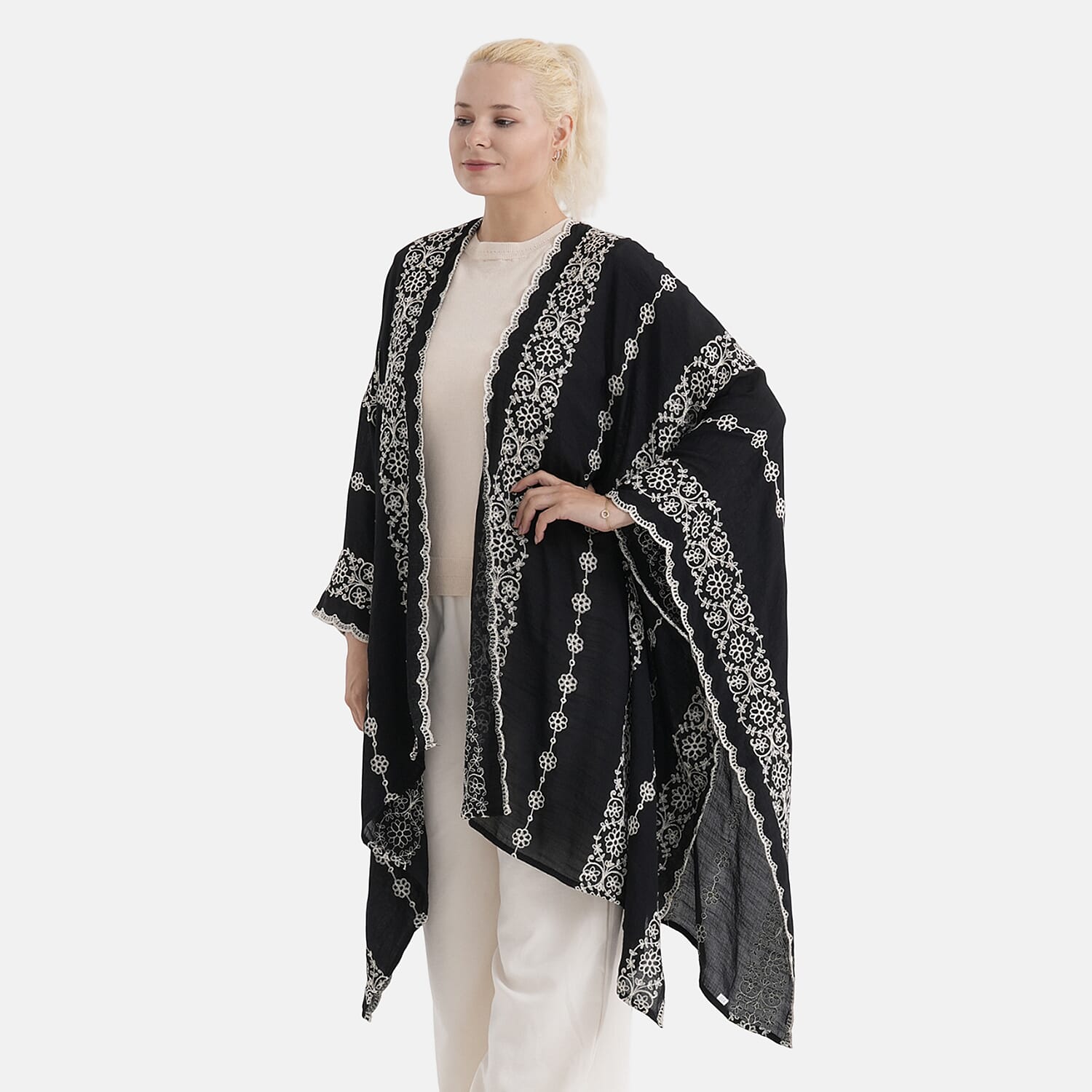 La Marey Cotton Embroidery Midi Kimono (One Size) - Black