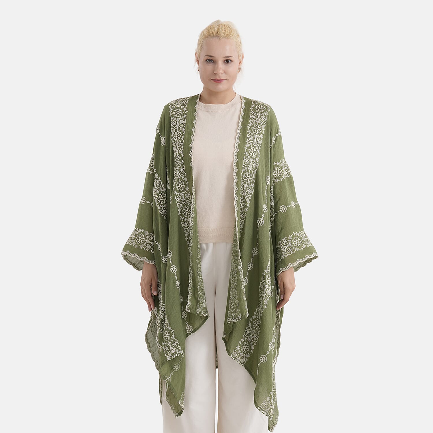 La Marey Cotton Embroidery Midi Kimono (One Size) - Green