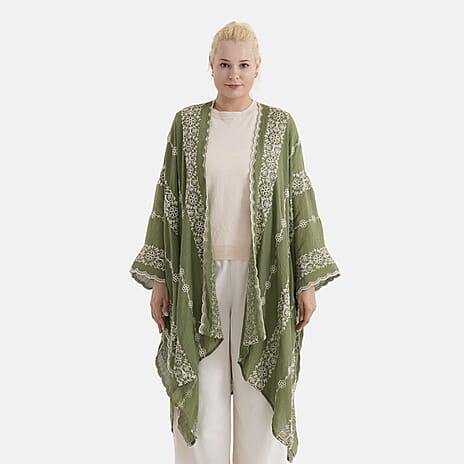 La Marey Cotton Embroidery Midi Kimono (One Size) - Green
