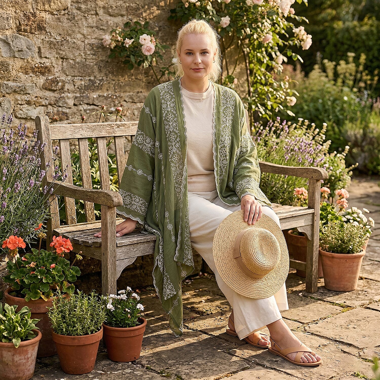 La Marey Cotton Embroidery Midi Kimono (One Size) - Green