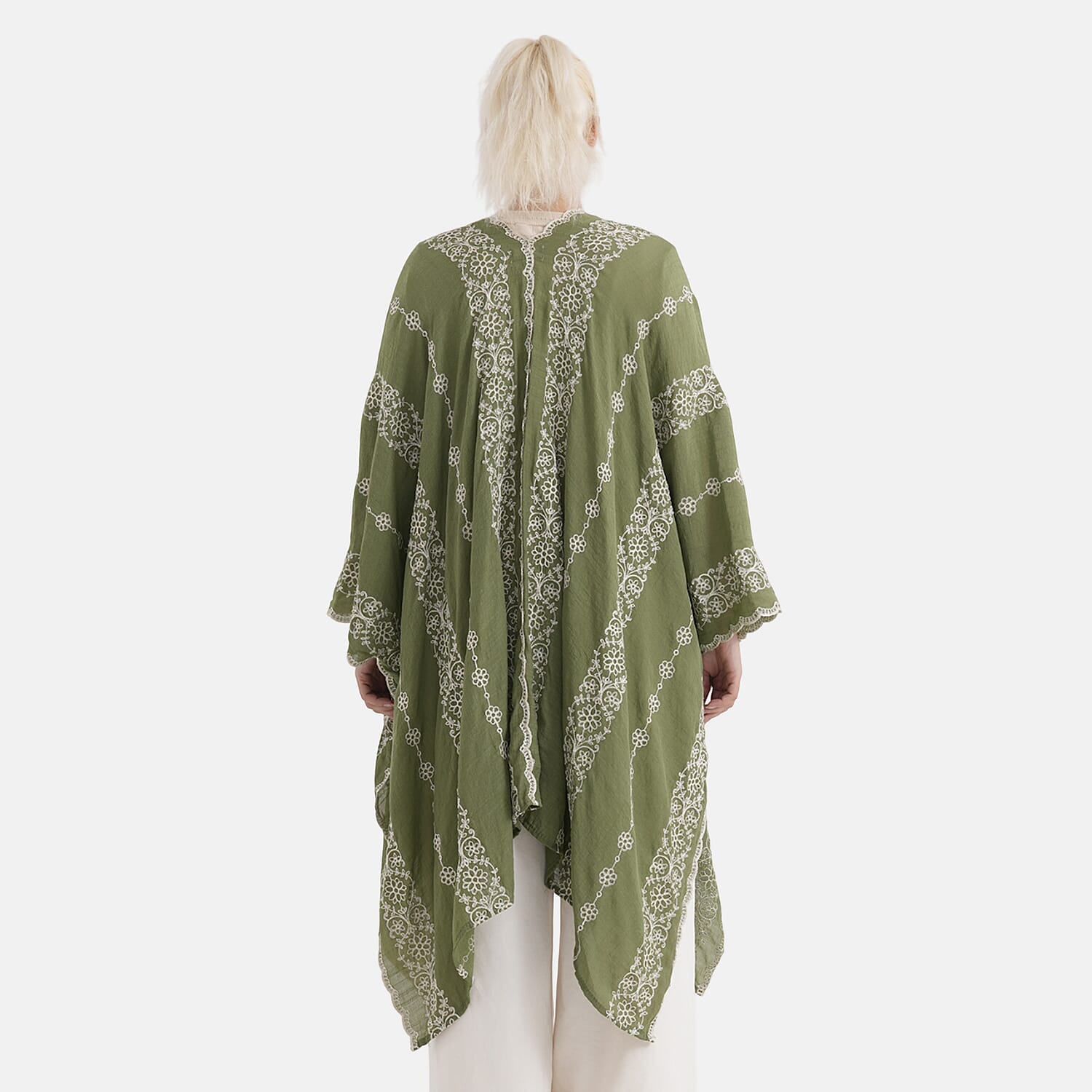 La Marey Cotton Embroidery Midi Kimono (One Size) - Green