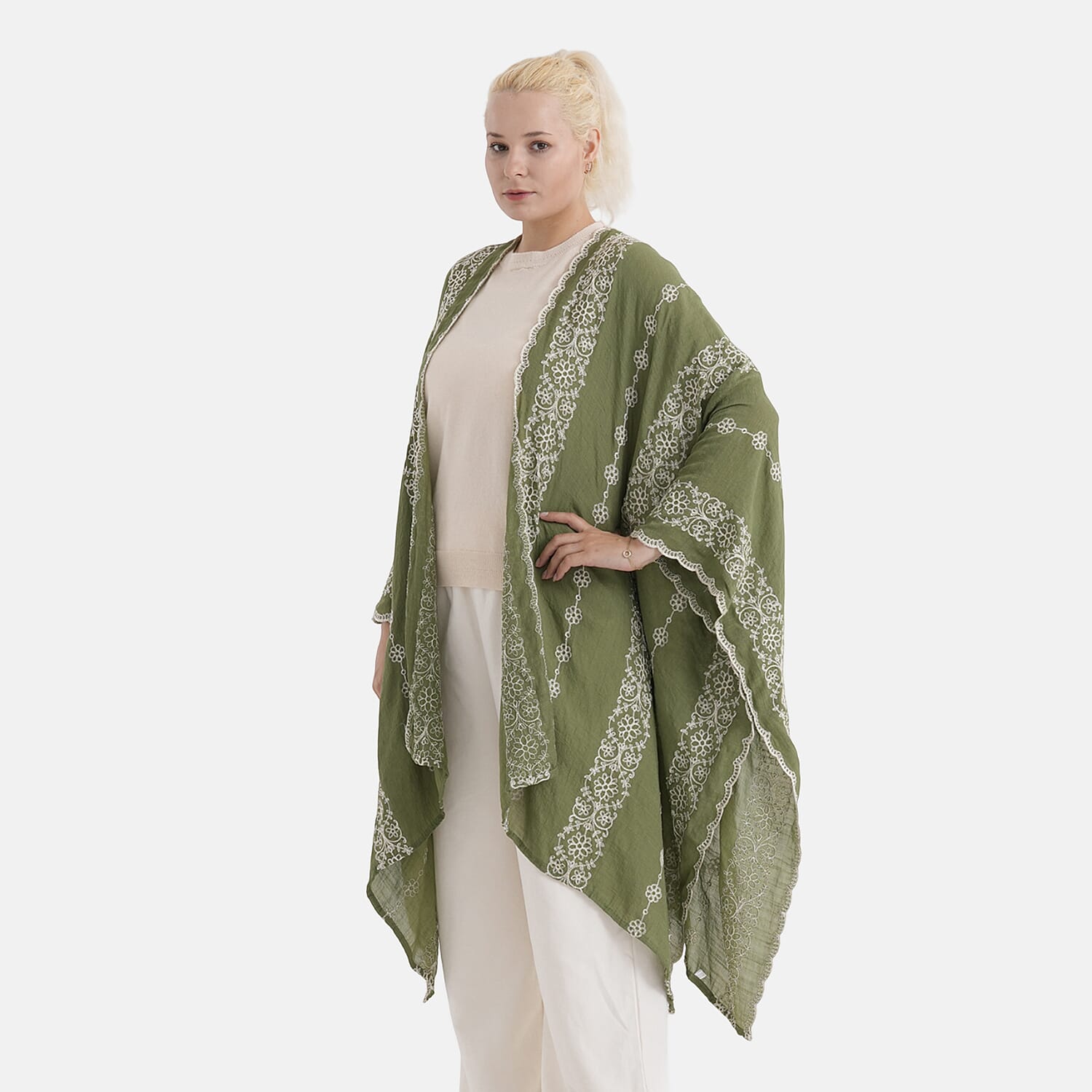 La Marey Cotton Embroidery Midi Kimono (One Size) - Green