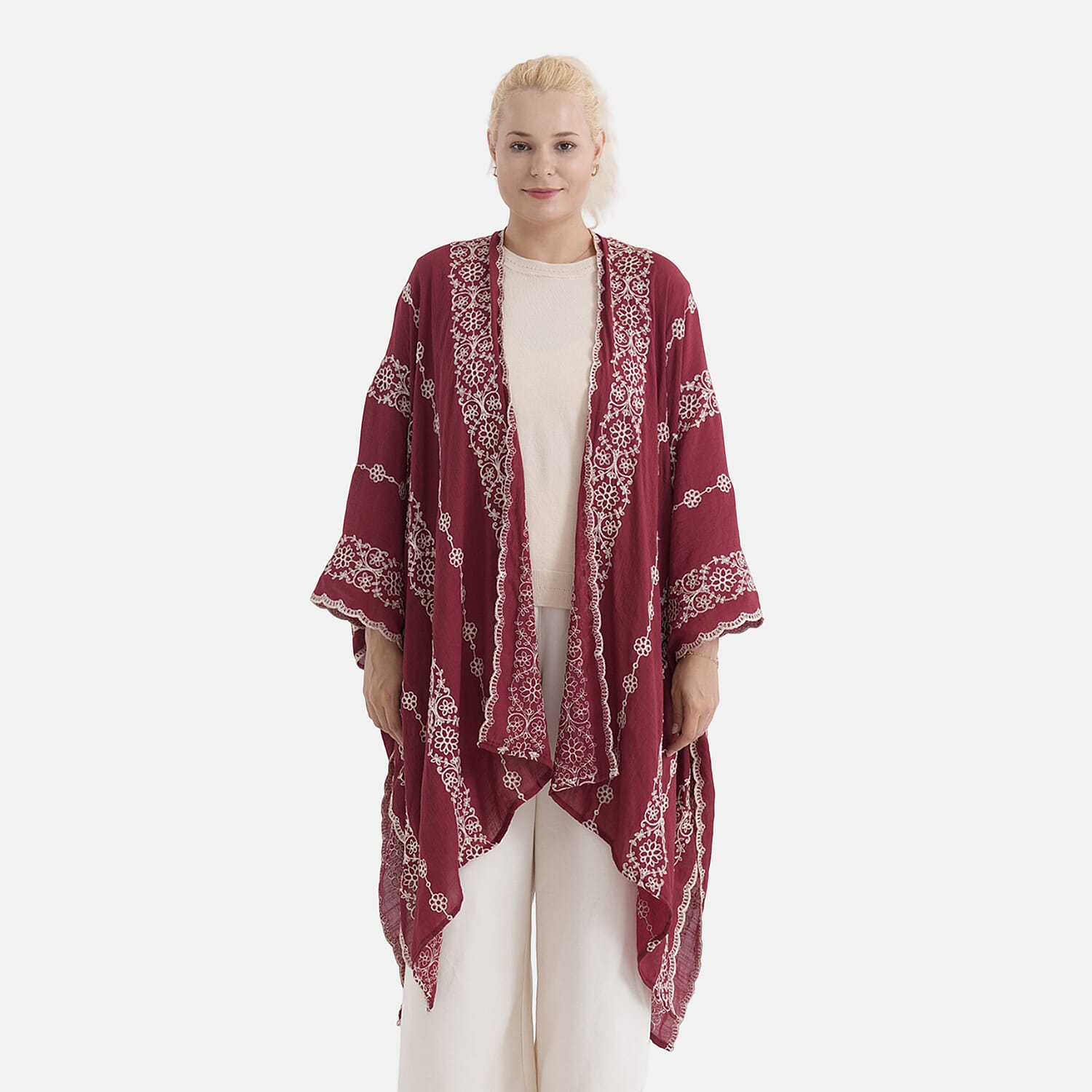 La Marey Cotton Embroidery Midi Kimono (One Size) - Red