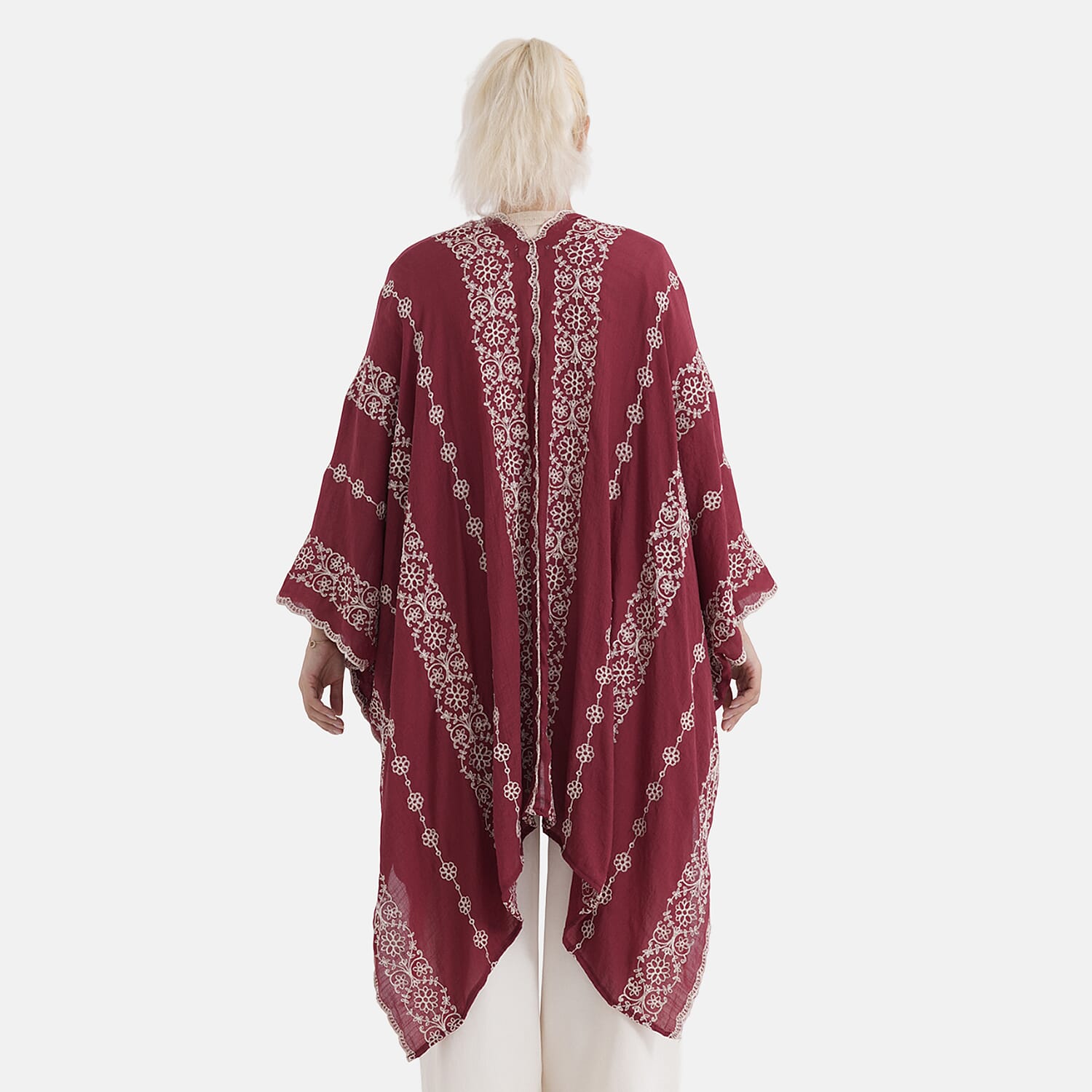 La Marey Cotton Embroidery Midi Kimono (One Size) - Red