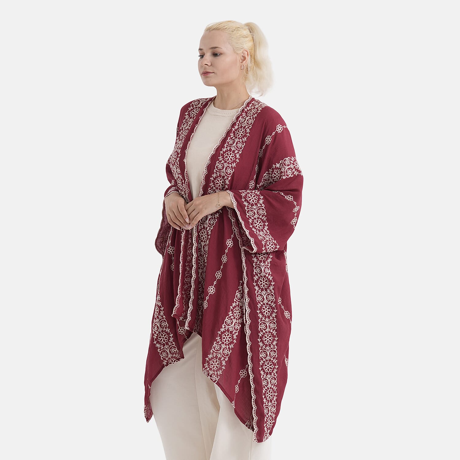 La Marey Cotton Embroidery Midi Kimono (One Size) - Red