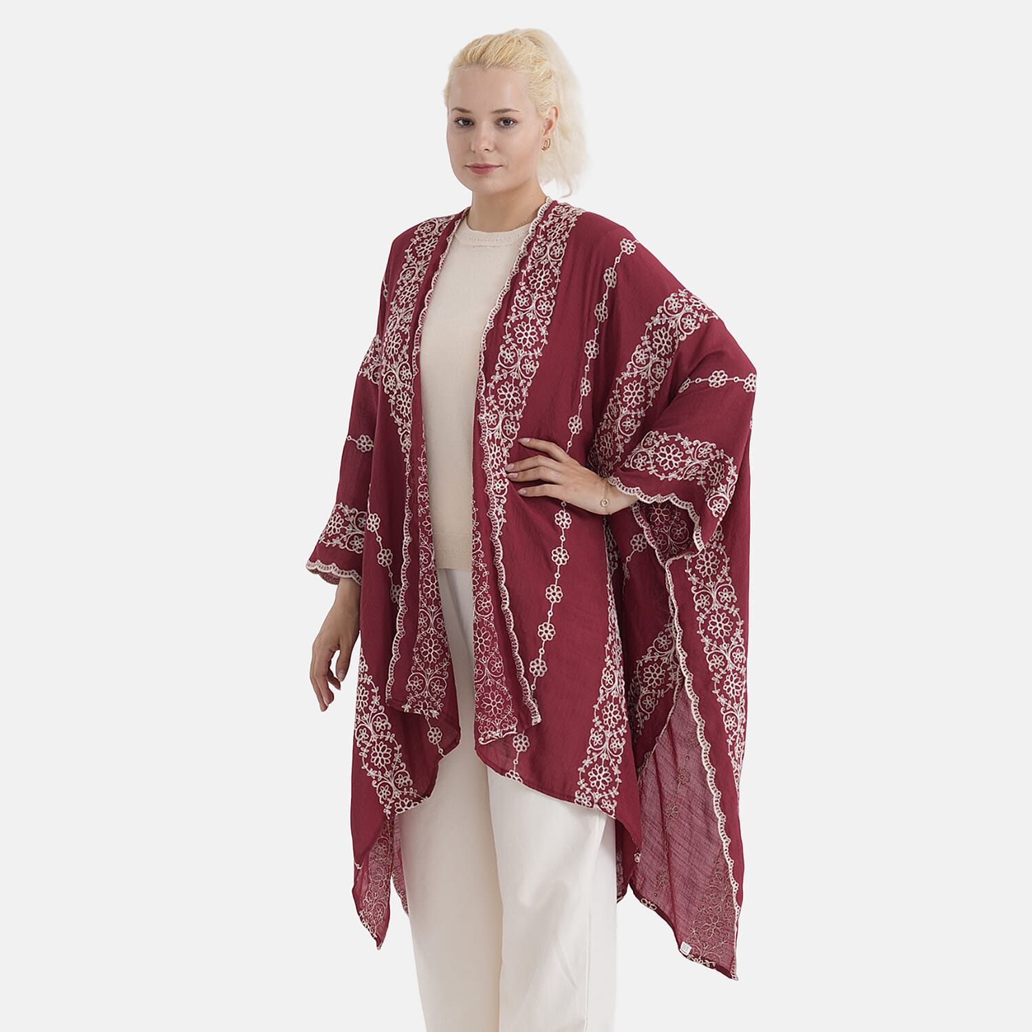 La Marey Cotton Embroidery Midi Kimono (One Size) - Red