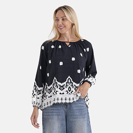 La Marey Placement Print Blouse (Size S-M, 8-14) - Black