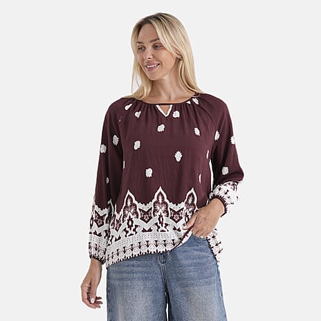 La Marey Placement Print Blouse (Size L-XL, 16-22) - Maroon