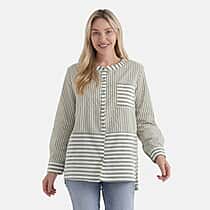 La Marey Cotton Blend Striped Shirt (Size 8 to 10) - Green & Off-White