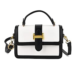 Designer Inspired Structured Two-Tone Top-Handle Handbag with Adjustable Crossbody Strap - Metallic Buckle - Black - White