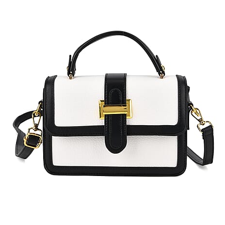 Designer Inspired Structured Two-Tone Top-Handle Handbag with Adjustable Crossbody Strap - Metallic Buckle - Black - White