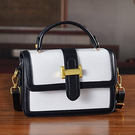 Designer Inspired Structured Two-Tone Top-Handle Handbag with Adjustable Crossbody Strap - Metallic Buckle - Black - White