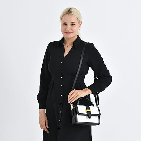 Designer Inspired Structured Two-Tone Top-Handle Handbag with Adjustable Crossbody Strap - Metallic Buckle - Black - White