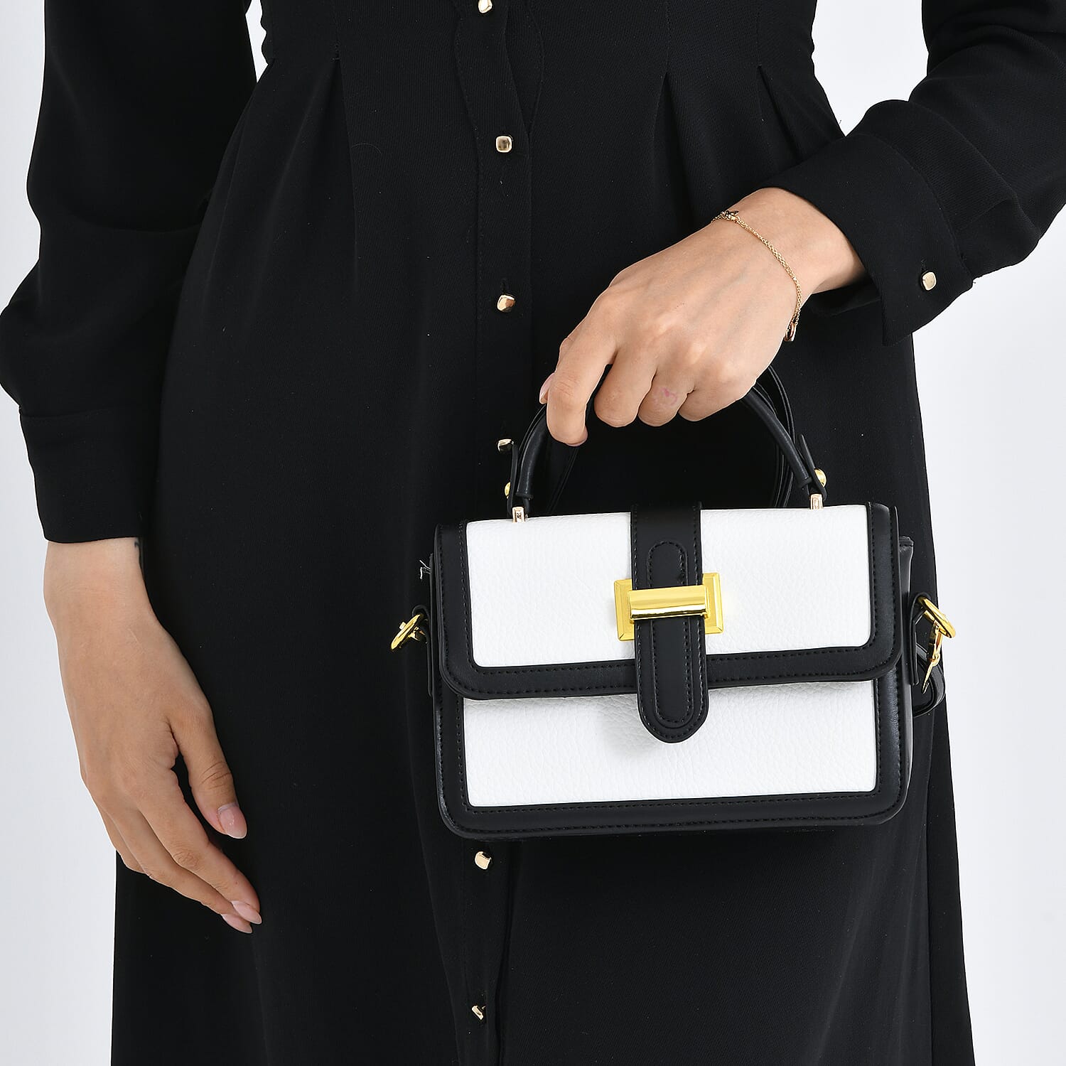 Designer Inspired Structured Two-Tone Top-Handle Handbag with Adjustable Crossbody Strap - Metallic Buckle - Black - White