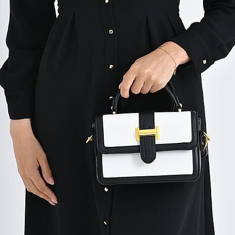 Designer Inspired Structured Two-Tone Top-Handle Handbag with Adjustable Crossbody Strap - Metallic Buckle - Black - White