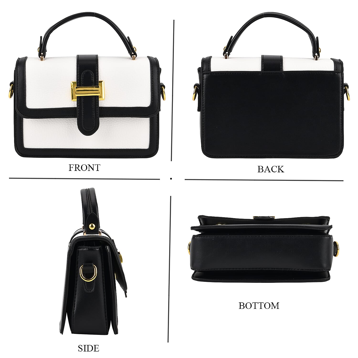 Designer Inspired Structured Two-Tone Top-Handle Handbag with Adjustable Crossbody Strap - Metallic Buckle - Black - White