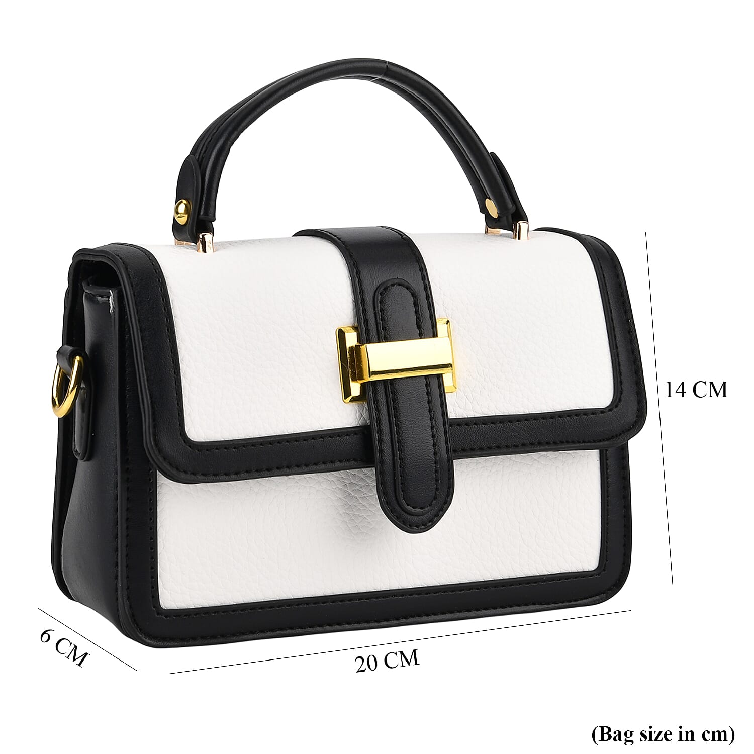 Designer Inspired Structured Two-Tone Top-Handle Handbag with Adjustable Crossbody Strap - Metallic Buckle - Black - White