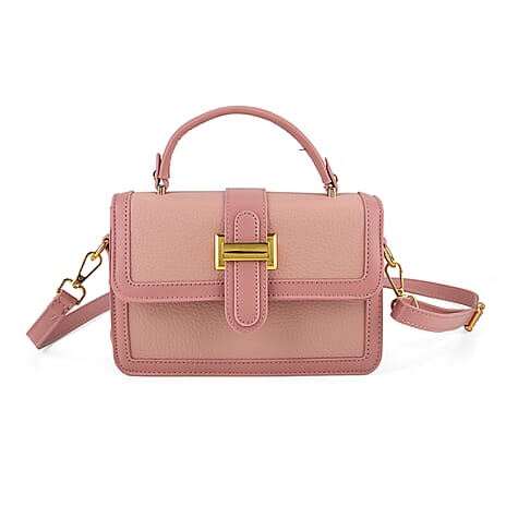 Designer Inspired Structured Two-Tone Top-Handle Handbag with Adjustable Crossbody Strap - Metallic Buckle - Pink
