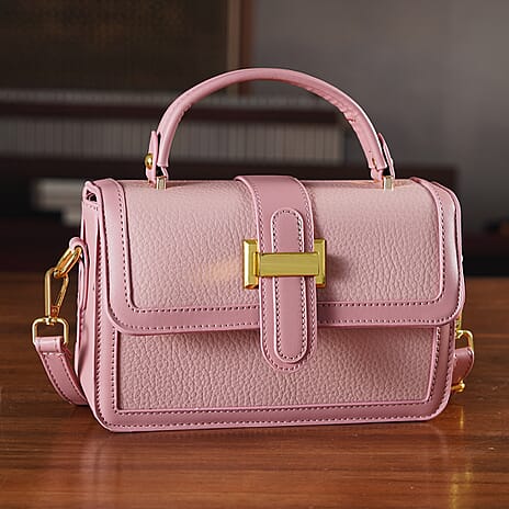 Designer Inspired Structured Two-Tone Top-Handle Handbag with Adjustable Crossbody Strap - Metallic Buckle - Pink