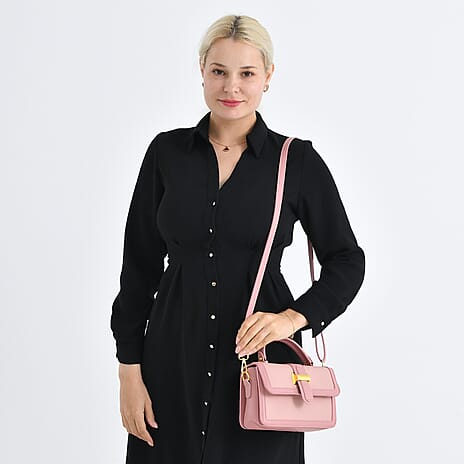 Designer Inspired Structured Two-Tone Top-Handle Handbag with Adjustable Crossbody Strap - Metallic Buckle - Pink