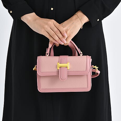 Designer Inspired Structured Two-Tone Top-Handle Handbag with Adjustable Crossbody Strap - Metallic Buckle - Pink