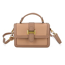 Designer Inspired Structured Two-Tone Top-Handle Handbag with Adjustable Crossbody Strap - Metallic Buckle - Khaki