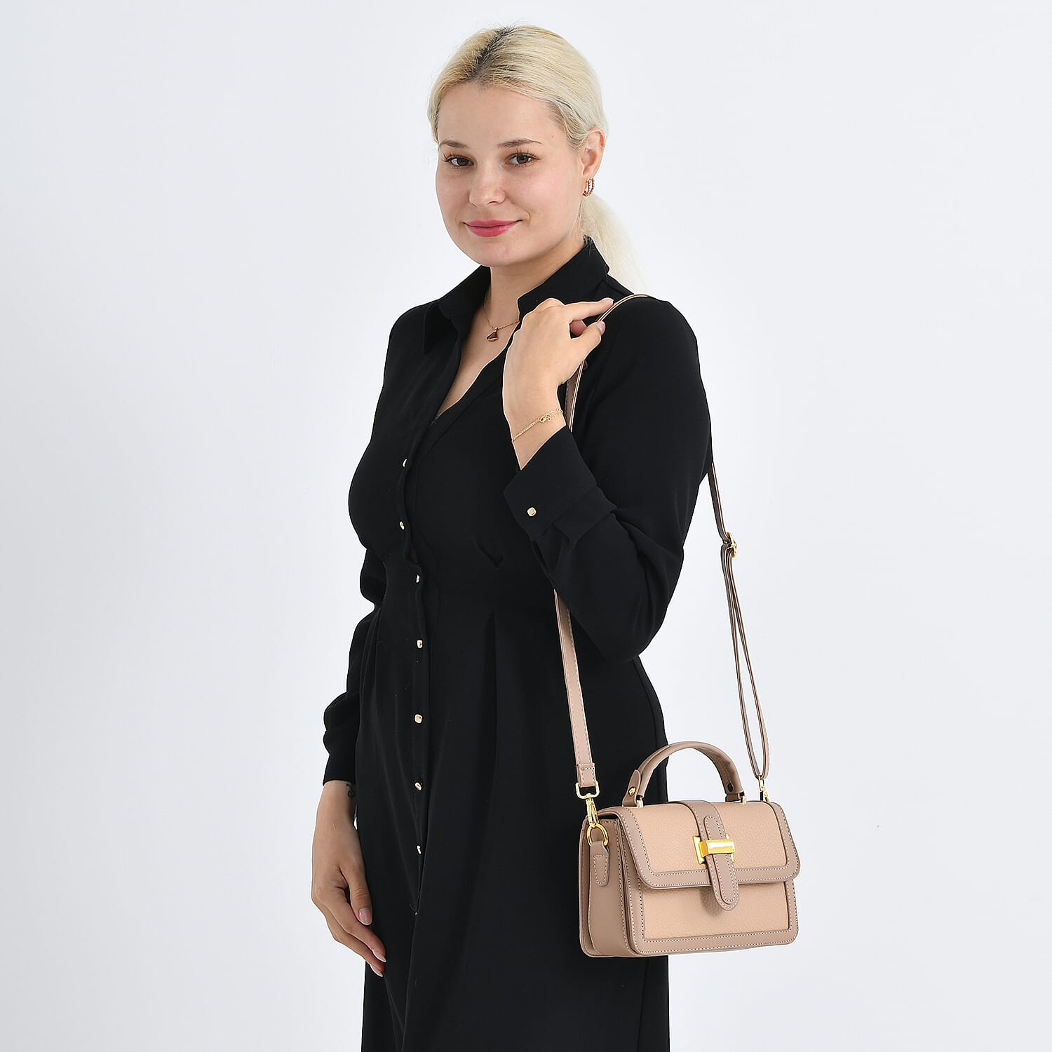 Designer Inspired Structured Two-Tone Top-Handle Handbag with Adjustable Crossbody Strap - Metallic Buckle - Khaki