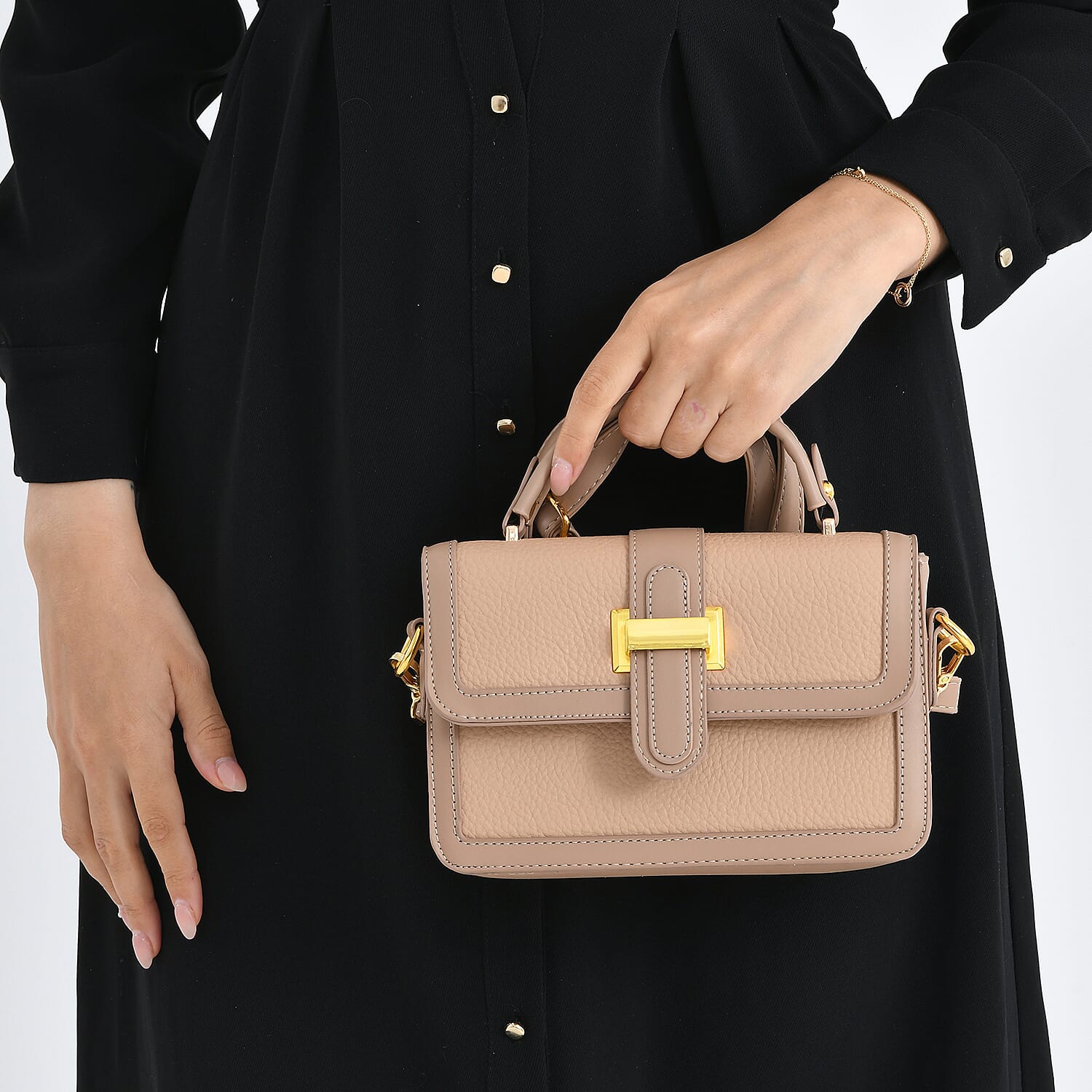 Designer Inspired Structured Two-Tone Top-Handle Handbag with Adjustable Crossbody Strap - Metallic Buckle - Khaki