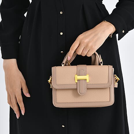 Designer Inspired Structured Two-Tone Top-Handle Handbag with Adjustable Crossbody Strap - Metallic Buckle - Khaki