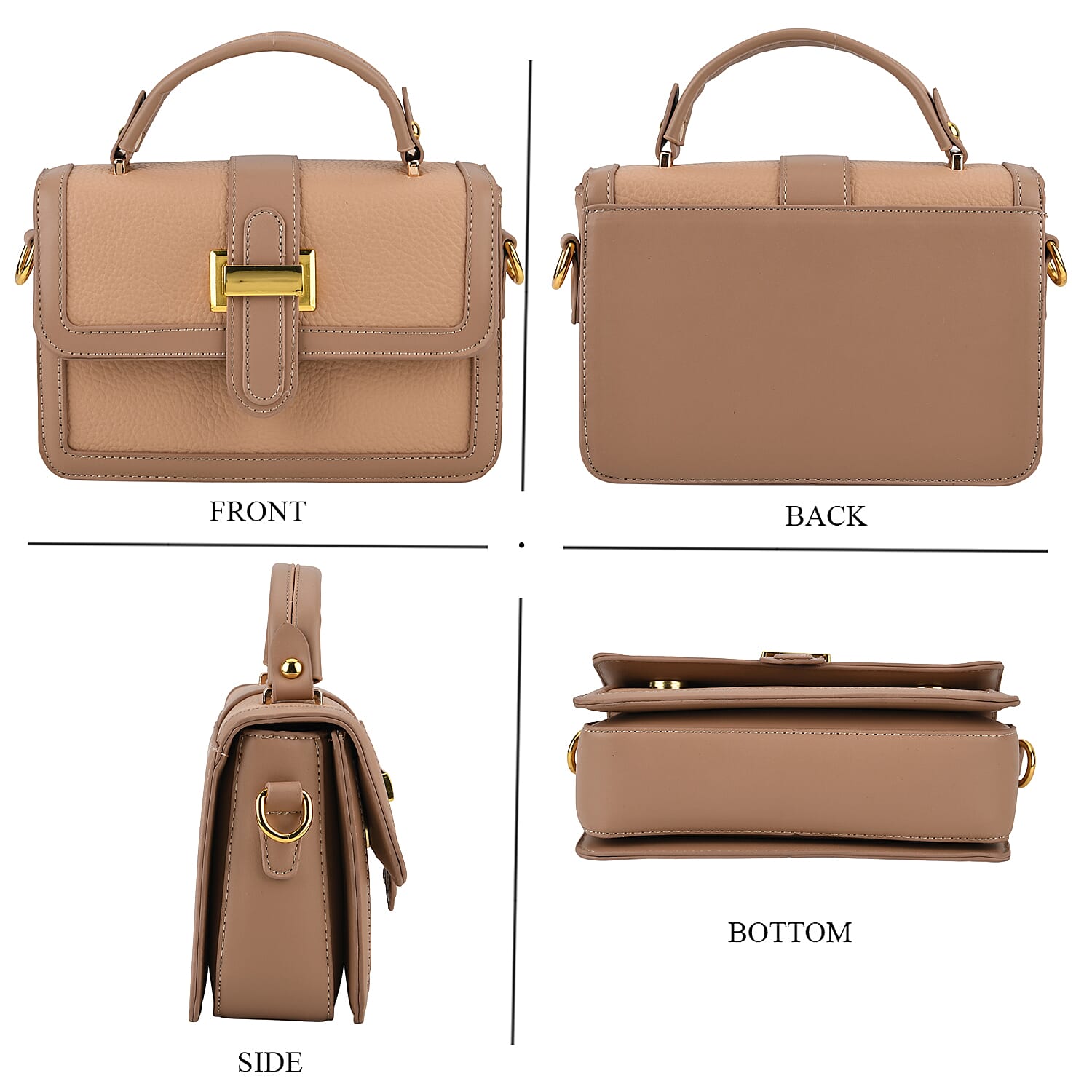 Designer Inspired Structured Two-Tone Top-Handle Handbag with Adjustable Crossbody Strap - Metallic Buckle - Khaki