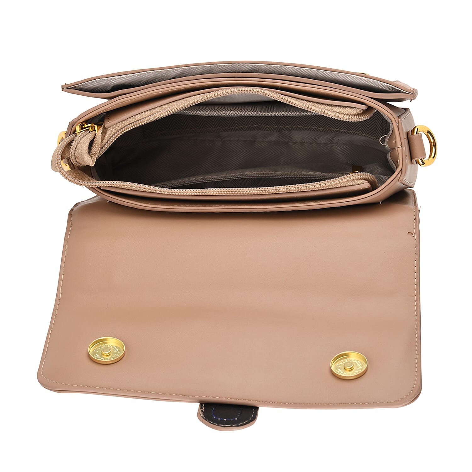 Designer Inspired Structured Two-Tone Top-Handle Handbag with Adjustable Crossbody Strap - Metallic Buckle - Khaki