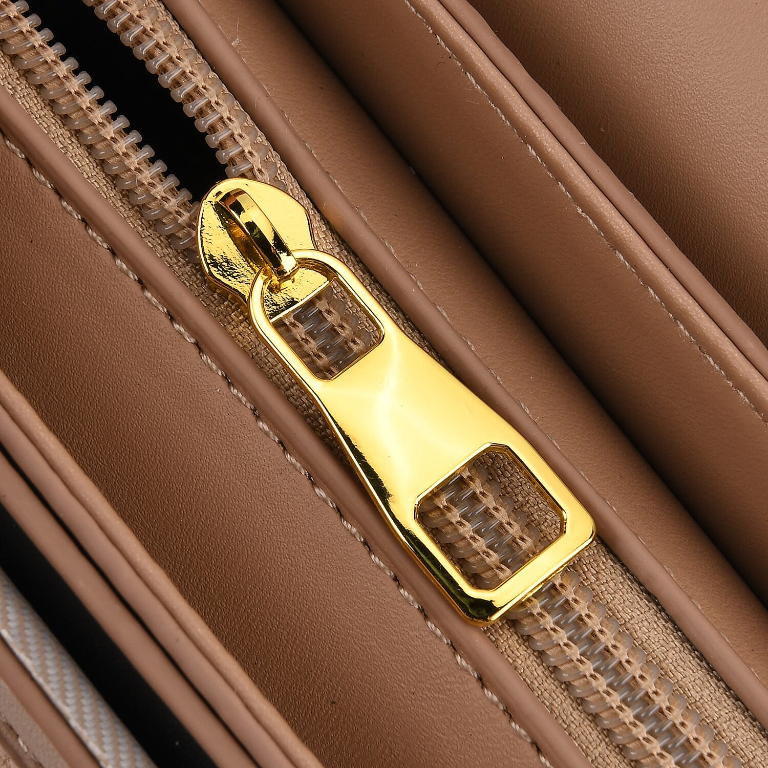 Designer Inspired Structured Two-Tone Top-Handle Handbag with Adjustable Crossbody Strap - Metallic Buckle - Khaki