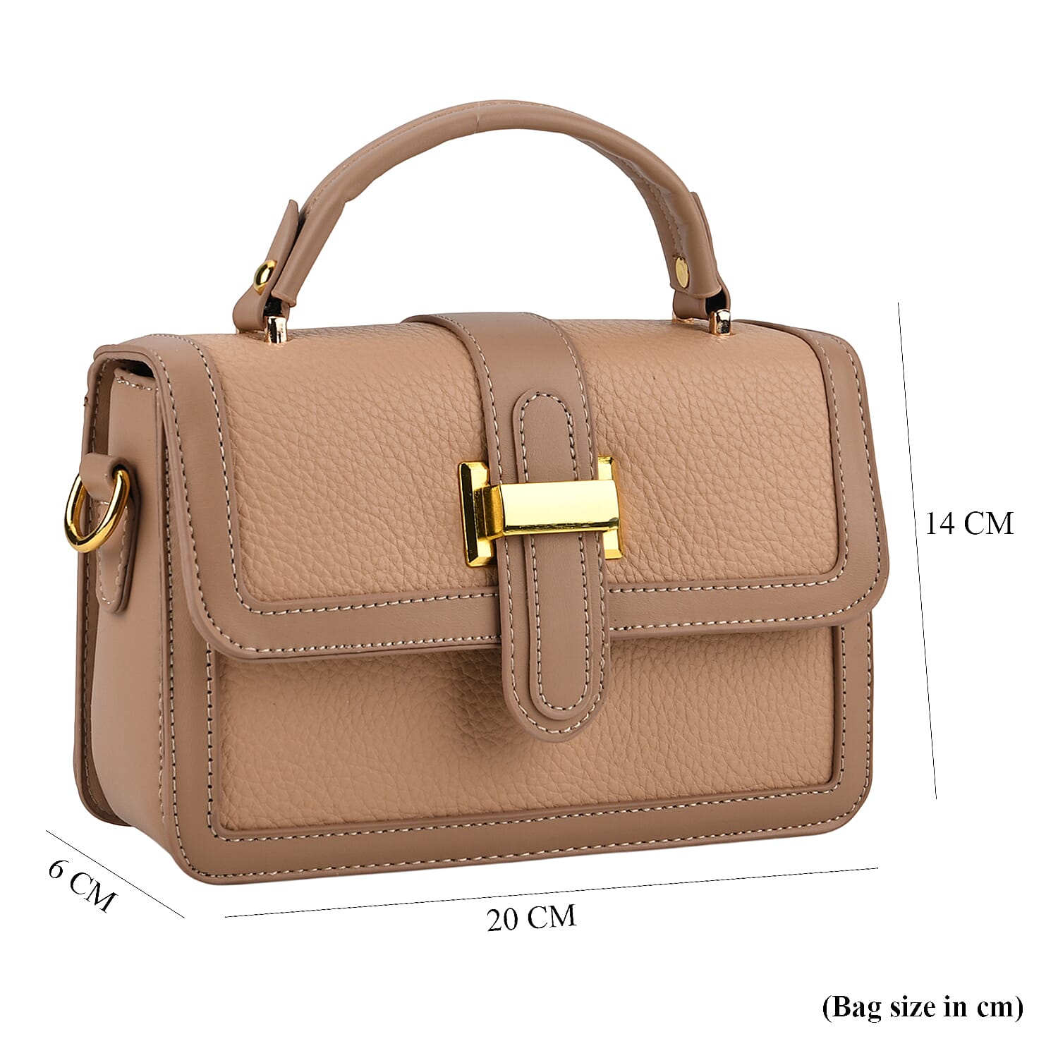 Designer Inspired Structured Two-Tone Top-Handle Handbag with Adjustable Crossbody Strap - Metallic Buckle - Khaki