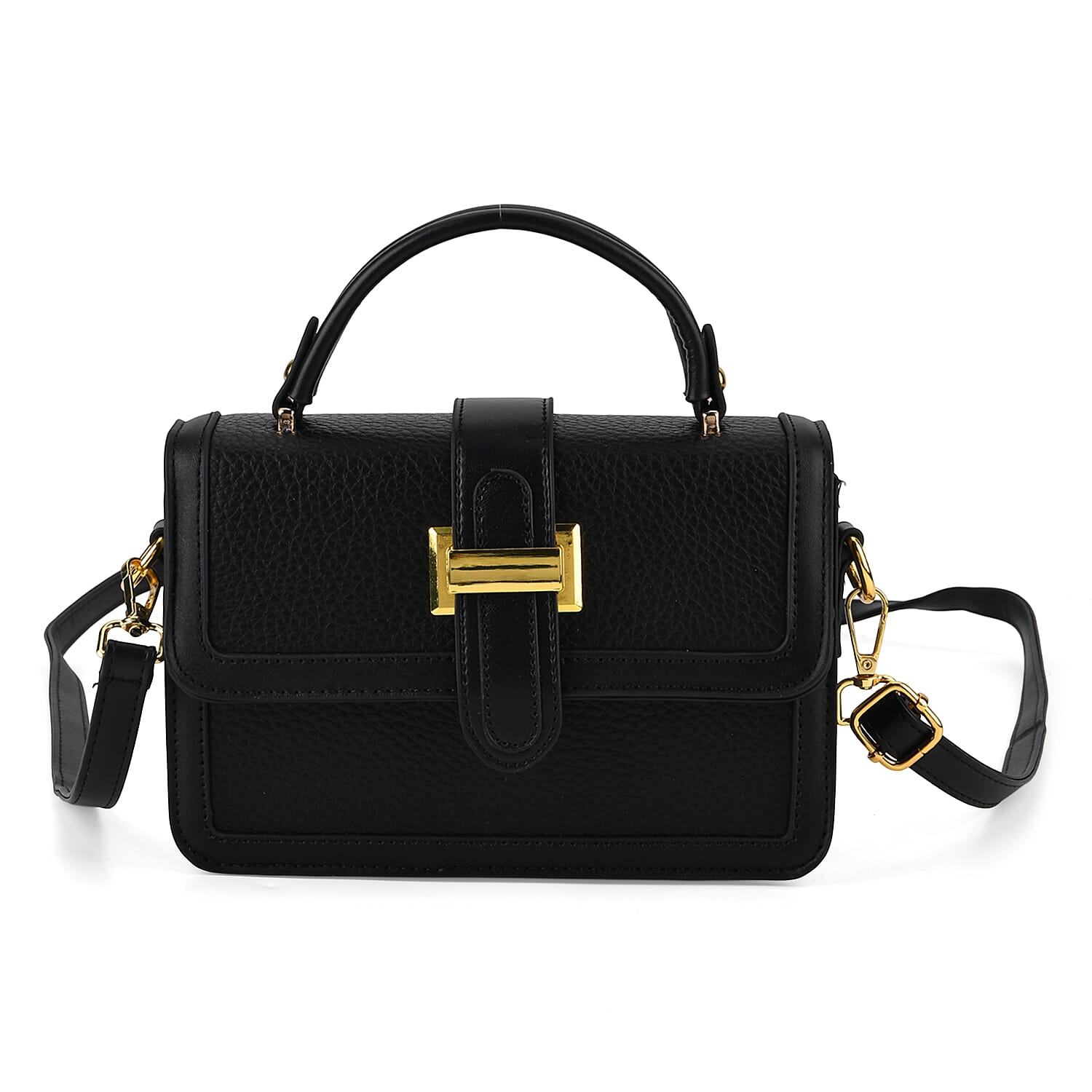 Designer Inspired Structured Two-Tone Top-Handle Handbag with Adjustable Crossbody Strap - Metallic Buckle - Black