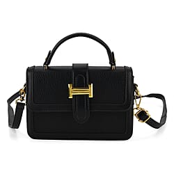 Designer Inspired Structured Two-Tone Top-Handle Handbag with Adjustable Crossbody Strap - Metallic Buckle - Black
