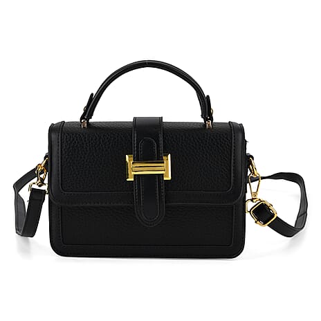 Designer Inspired Structured Two-Tone Top-Handle Handbag with Adjustable Crossbody Strap - Metallic Buckle - Black