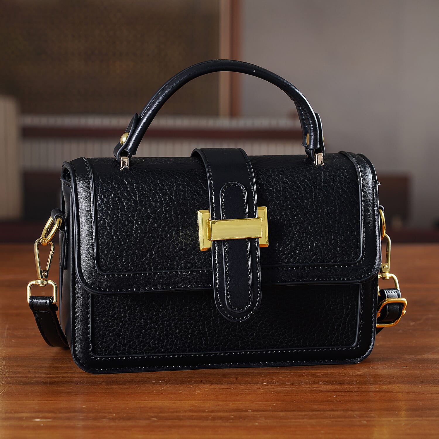 Designer Inspired Structured Two-Tone Top-Handle Handbag with Adjustable Crossbody Strap - Metallic Buckle - Black