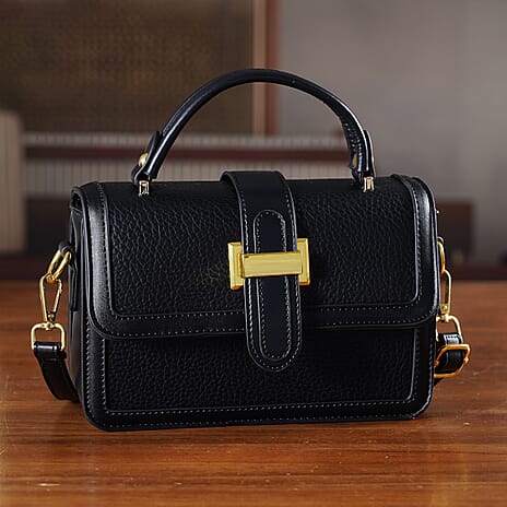 Designer Inspired Structured Two-Tone Top-Handle Handbag with Adjustable Crossbody Strap - Metallic Buckle - Black