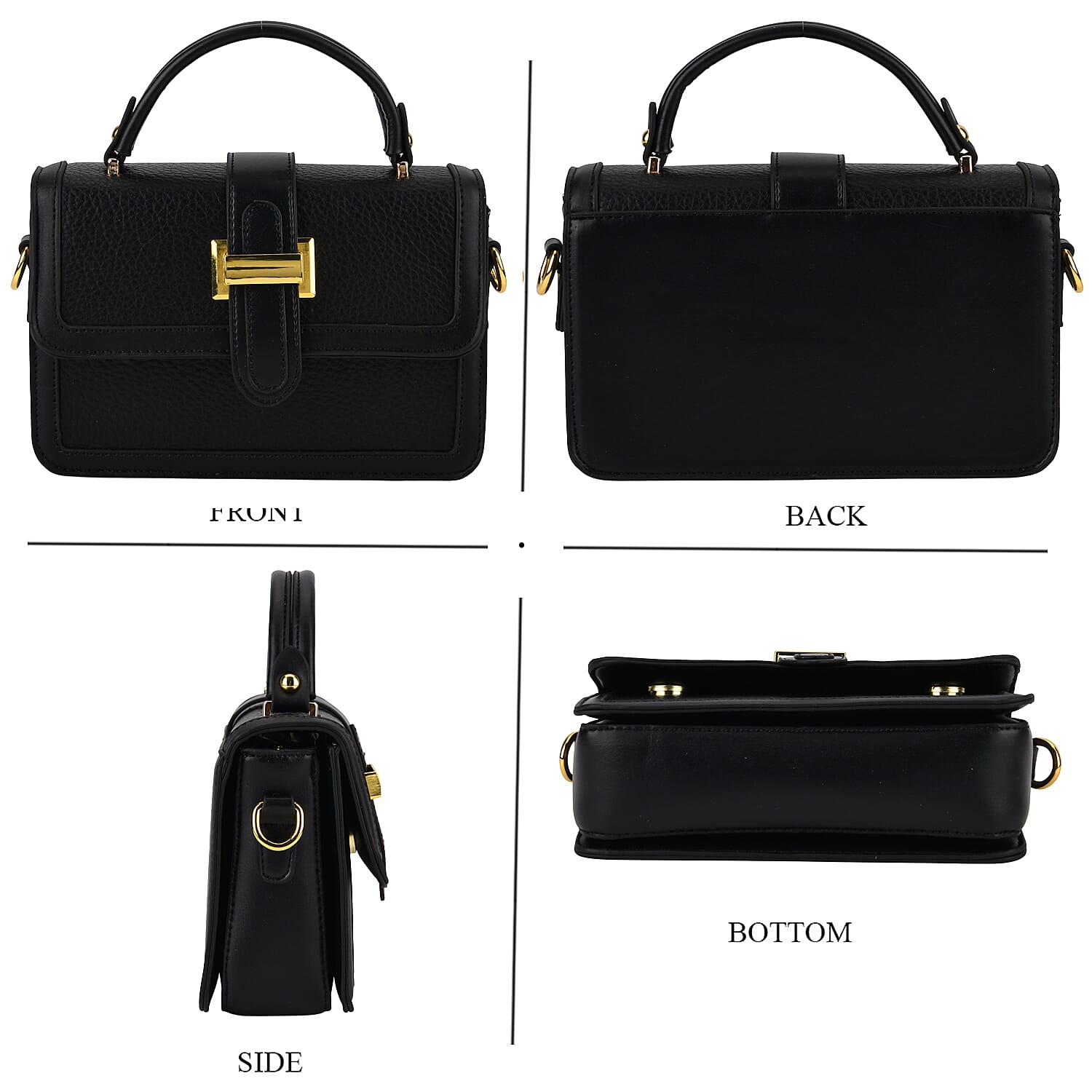 Designer Inspired Structured Two-Tone Top-Handle Handbag with Adjustable Crossbody Strap - Metallic Buckle - Black