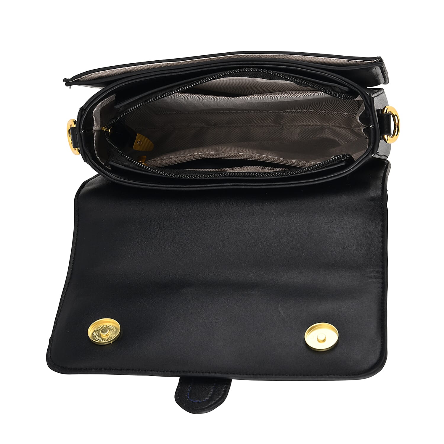 Designer Inspired Structured Two-Tone Top-Handle Handbag with Adjustable Crossbody Strap - Metallic Buckle - Black