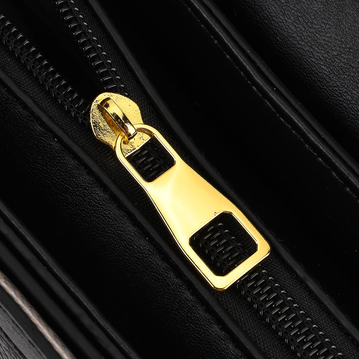 Designer Inspired Structured Two-Tone Top-Handle Handbag with Adjustable Crossbody Strap - Metallic Buckle - Black