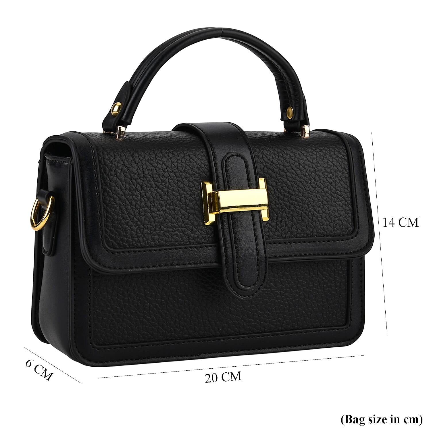 Designer Inspired Structured Two-Tone Top-Handle Handbag with Adjustable Crossbody Strap - Metallic Buckle - Black