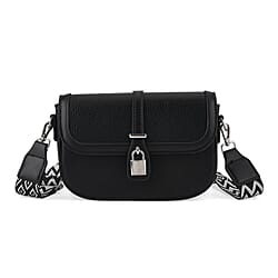 Designer Inspired Structured Crossbody Flapover Bag with Patterned Strap and Metallic Padlock - Black